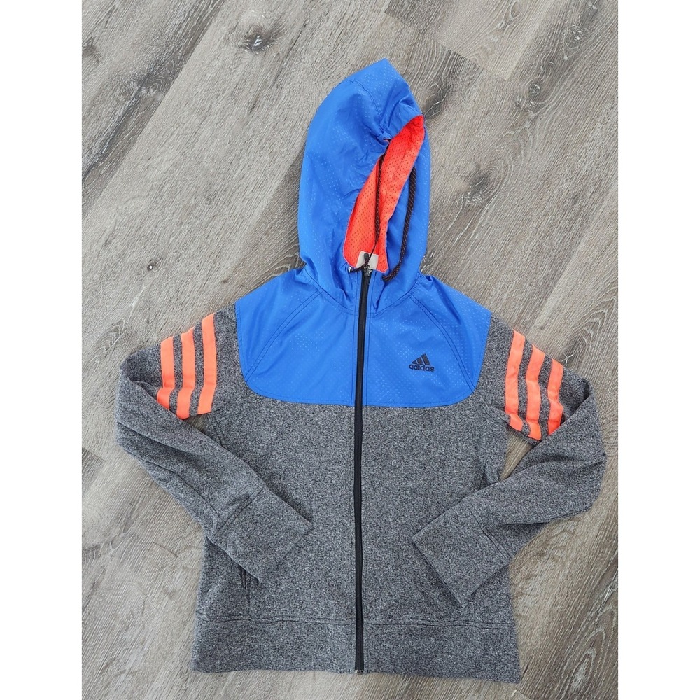 Adidas Youth Boys Blue Gray Orange Colorblock Full Zip Hoodie Jacket Size Medium